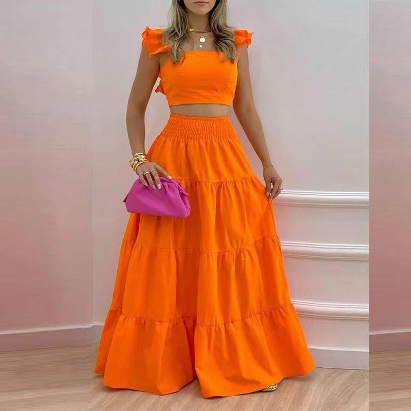 2024 Temperament Solid Color Mid-Waist Sling Large Pendulum Two-Piece Suit Dress - Image 4